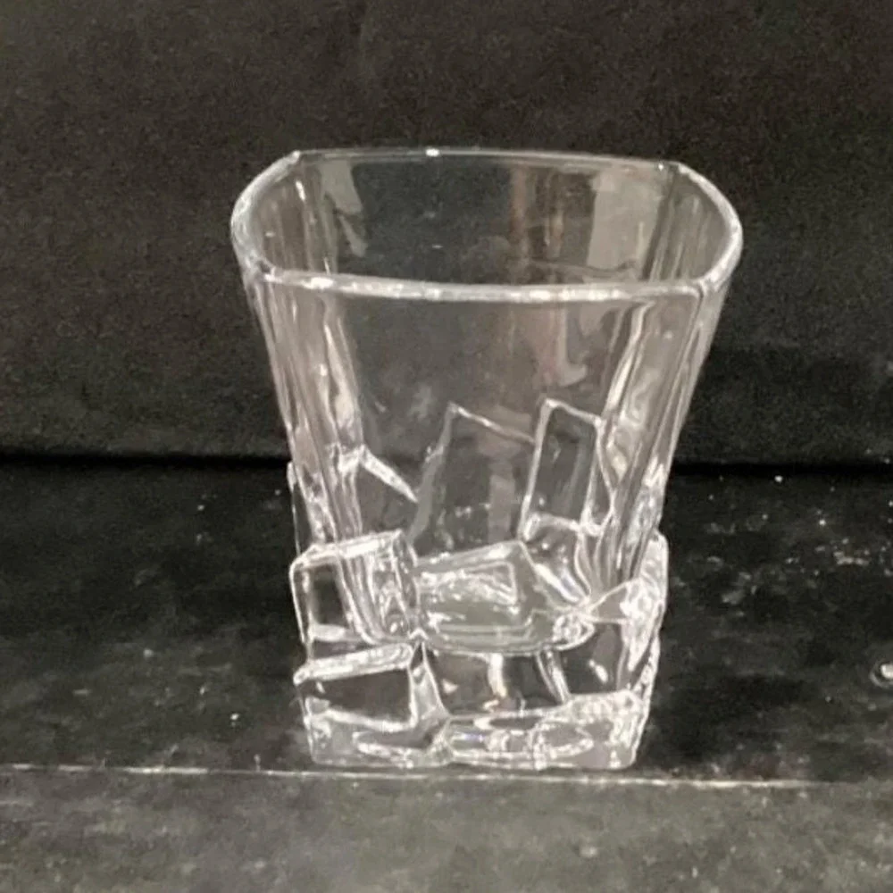 Ice Cube Sculpted‎ Rocks Glass, Vintage Square Whiskey Tumbler, Clear Barware
